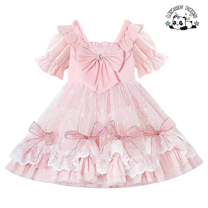 LEZONKIDS - Customizable Wholesale New Innovations Latest Design pink Bows Bottom Lace Sequined  Girls Dresses for Party